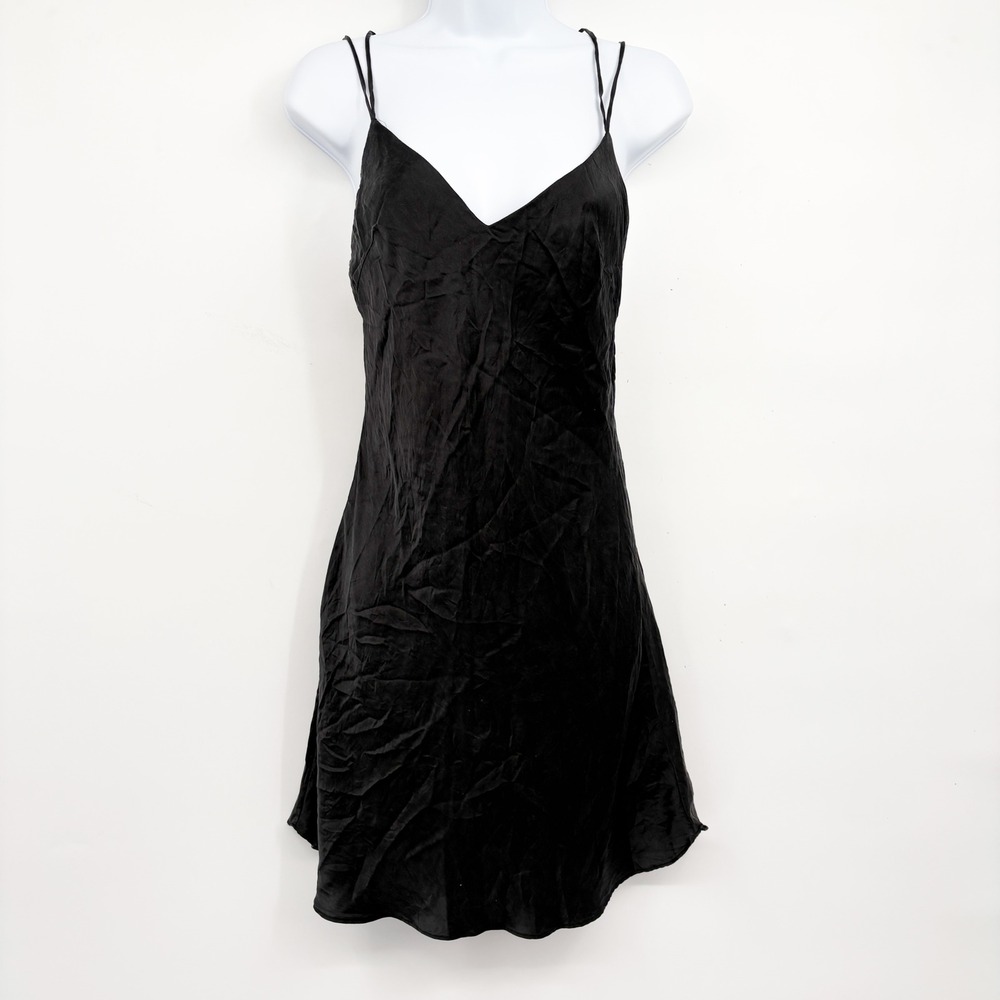 Womens Y2K Black 100% Silk Strappy Back Whimsigoth LBD Minimalist Slip Dress M